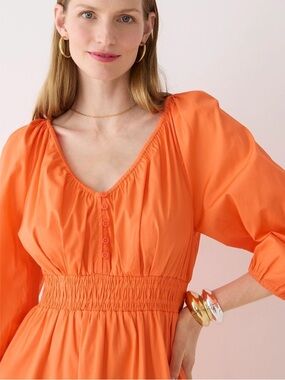 J. Crew Bright Orange Smocked-Waist Cotton Midi Dress